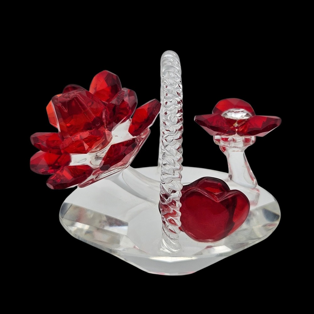 Crystal Glass Basket Roses Hearts Figurine Valentines Love Romance 2.75"
